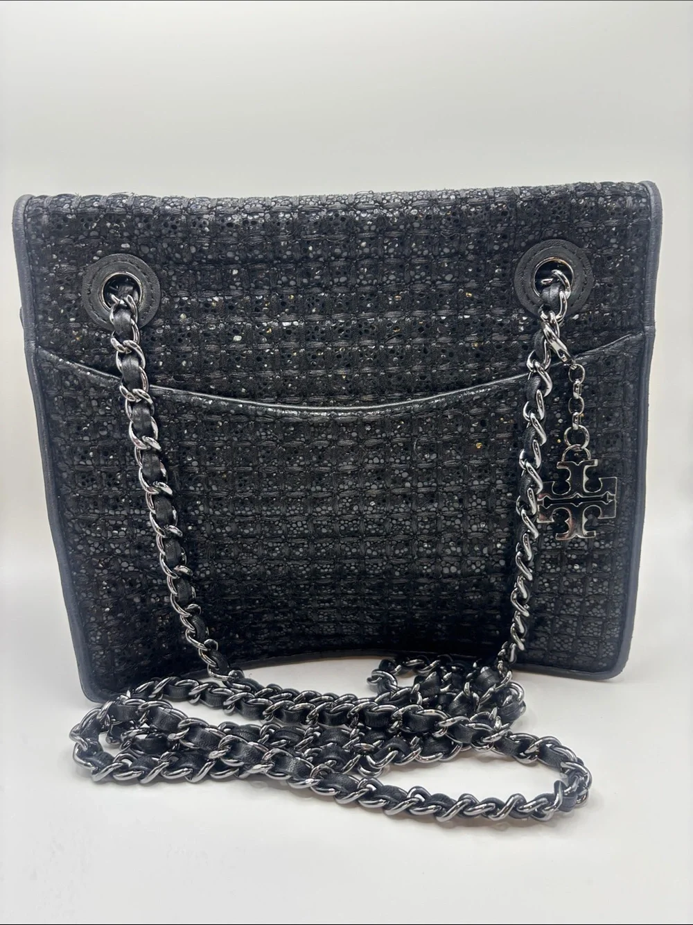Tory Burch Black Tweed Chain Shoulder Bag with Logo Charm